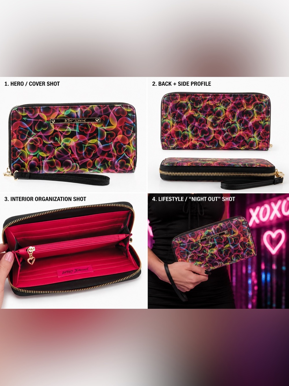 Betsey Johnson Neon Heart Print Wristlet Wallet Y2K Coquette Clutch - Picture 2 of 4